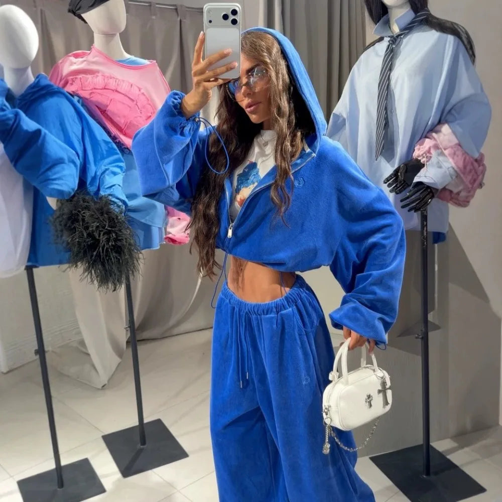 Style Gold Velvet Hooded Straight Pants Suit Autumn and Winter Women Chic 