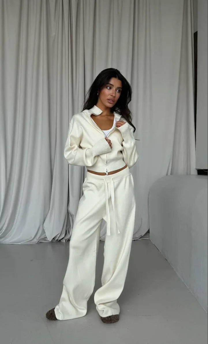 Women Cotton  Cardigan Wide Leg Pants Suit Autumn  