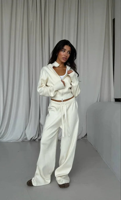 Women Cotton  Cardigan Wide Leg Pants Suit Autumn  