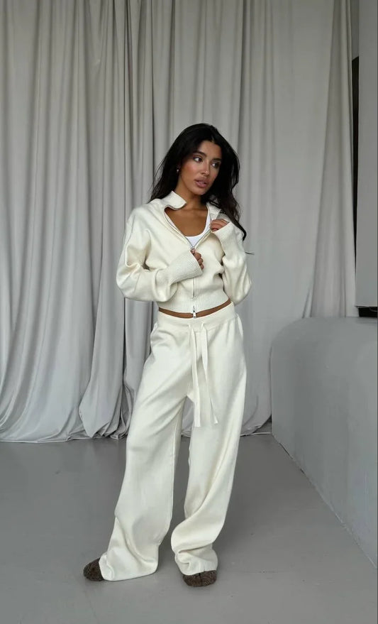 Women Cotton  Cardigan Wide Leg Pants Suit Autumn  