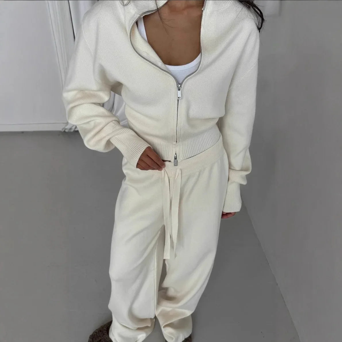 Women Cotton  Cardigan Wide Leg Pants Suit Autumn  