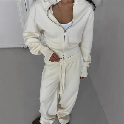 Women Cotton  Cardigan Wide Leg Pants Suit Autumn  