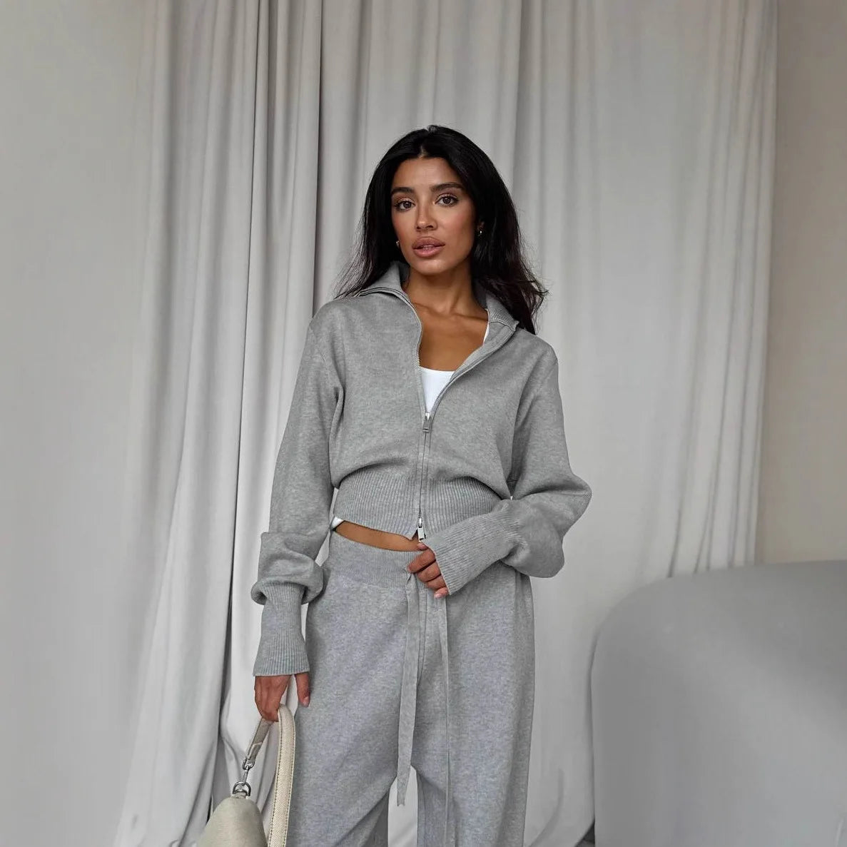 Women Cotton  Cardigan Wide Leg Pants Suit Autumn  