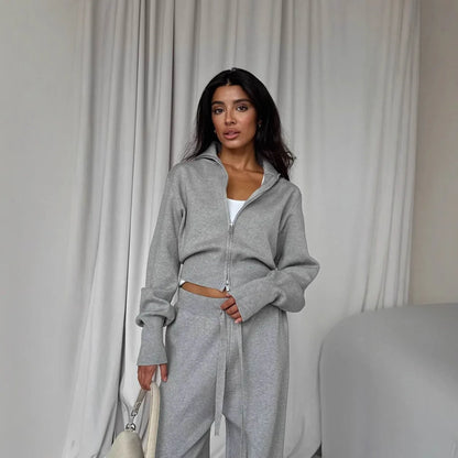Women Cotton  Cardigan Wide Leg Pants Suit Autumn  