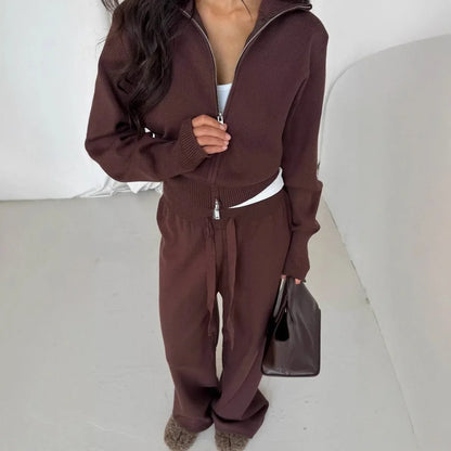 Women Cotton  Cardigan Wide Leg Pants Suit Autumn  