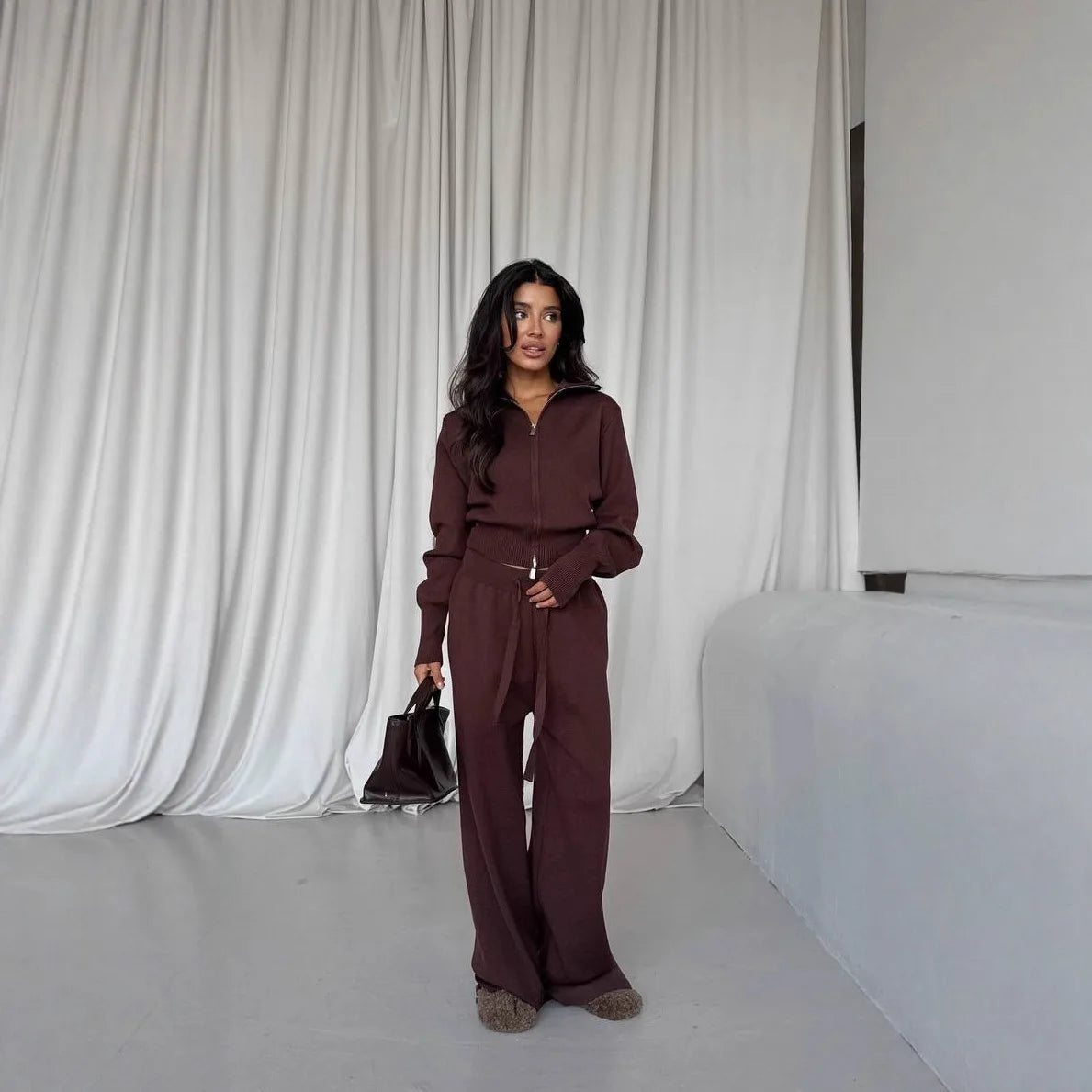 Women Cotton  Cardigan Wide Leg Pants Suit Autumn  